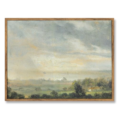 ElfLuna Wood Framed Canvas, Vintage Green Grassland Landscape Print - color: High cloudy sky, size: 16"L x 12"W