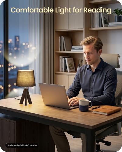 Small Table Lamp for Bedroom, 14.6" Bedside Lamp with Black Linen Shade & Walnut Wood Tripod Base, Modern Nightstand Lamp, Blak Lamp for Living Room, Nursery, Entryway, E26 Socket, VB51TL05 - color: Black+Dark Walnut