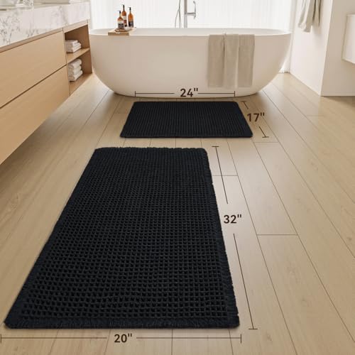 Upgraded Waffle Bath Mat Set of 2 Absorbent Bathroom Mat 17"x24" + 20"x32" - color: Black, size: 17" x 24" + 20" x 32"