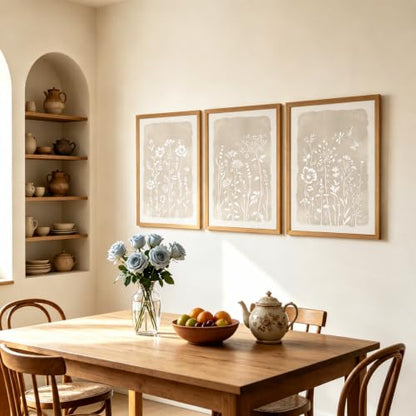 Neutral Floral Wall Art Set of 3, Brown Framed Botanical Canvas Prints - color: White flowers, size: 16x12