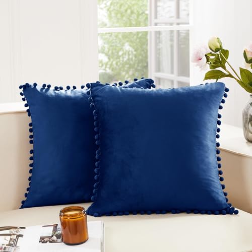 Deconovo Velvet Throw Pillow Covers, Set of 2, 16” x 16” Navy, Square Pom-poms Hidden Zipper Cover for Living Room - color: Navy, size: 16" x 16" (Pack of 2)