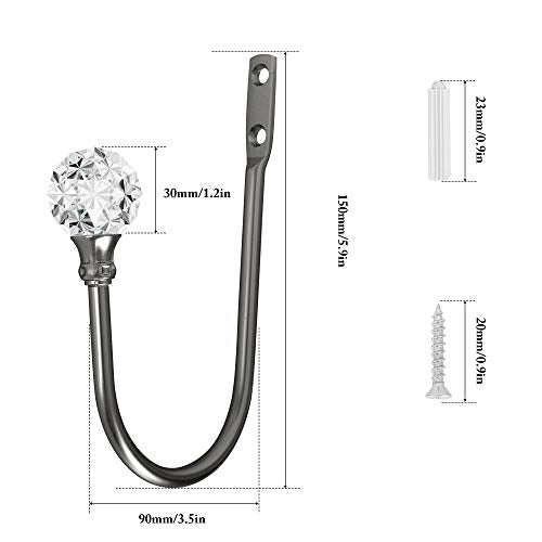 Curtain Holdback, 2pcs Wall Mounted Drapery Tiebacks with Clear Crystal Ball, Heavy Duty Metal Decorative Window Drapery Curtain Holder Curtain Hooks with Screws, Matt Black - color: 2 Pcs, Black