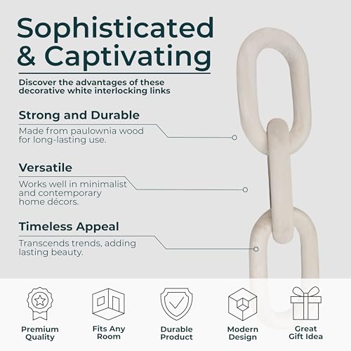 Wooden Chain Link Sculpture for Home Decor - Accent Display for Bathroom, Office, and Living Room - Handcrafted Link for Shelf Styling - Modern Room Coffee Table Decor Ornament, 4", White