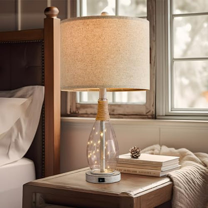 OYEARS 23" USB A+C Table Lamp for Bedroom Living Room Modern Bedside Lamps Retro Farmhouse Rattan Glass Nightstand Nightlight Lamps (White),Two Light Points - color: Antique White