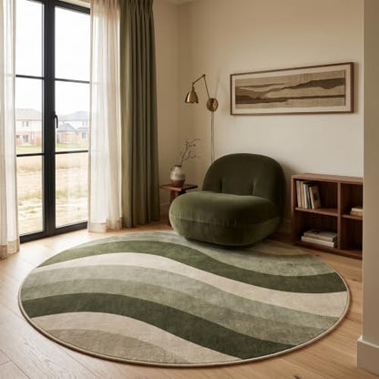 4Ft Olive Green and Beige Abstract Wave Area Rug for Living Room - color: Olive Green/Beige, size: 4' (Round)