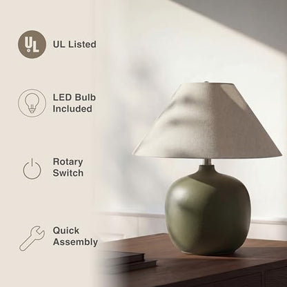 Abani Madeline 20” Table Lamp – Green Ceramic Base with Wheat Linen Tapered Shade, E26 2-Way Bulb Included – Modern Bedside Lamp for Bedroom, Living Room or Nightstand