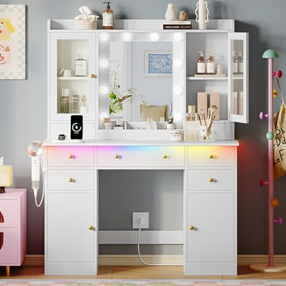 Xixini 44" Vanity Desk with Mirror & Lights, Glass Storage Cabinets, White - color: White