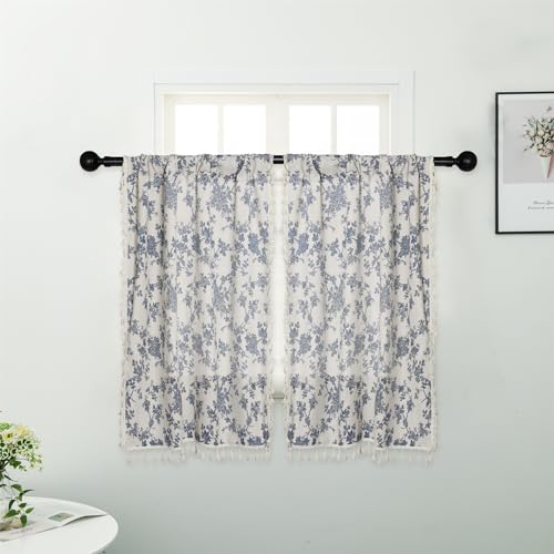 2 Panels Linen Tassels Curtains Farmhouse Blue Floral Vintage Semi Sheer Window Curtain for Kitchen Bathroom, 26x18in Valances - color: Cymbidium, size: 26"W x 18"L (Pack of 2)