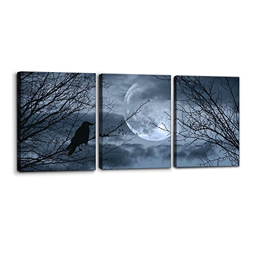 Pacimo 3 Pieces Canvas Art Wall Decor Full Moon Halloween Pictures Black and White Wall Art Painting Prints on Canvas Modern Artwork Stretched and Framed Ready to Hang - 12" x 16" x 3 - color: Wallart-01, size: 12" x 16" x 3 Panels
