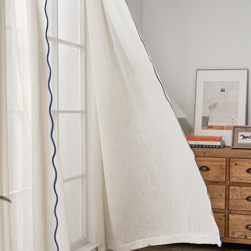 DriftAway Semi Sheer Scalloped Edge Linen Coastal Beach Window Curtains for Living Room Bedroom 2 Panels Rod Pocket Each Size 52 Inch by 63 Inch Navy - color: Linen Navy, size: 52"W x 63"L (Pack of 2)