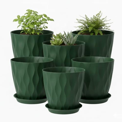 8 Inch Plastic Plant Pots for Plants with Drainage Holes and Saucer, 6 Pack - color: Deep Green 8 Inch