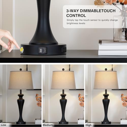 CINSARY 30 Inch Black Table Lamp for Living Room Single, 3-Way Dimmable Touch Control Lamp with USB A+C Ports and AC Outlet, Tall Bedside Lamps, Metal Bedroom Lamps for Nightstand, Bulb Included - color: Black (1 Pack)