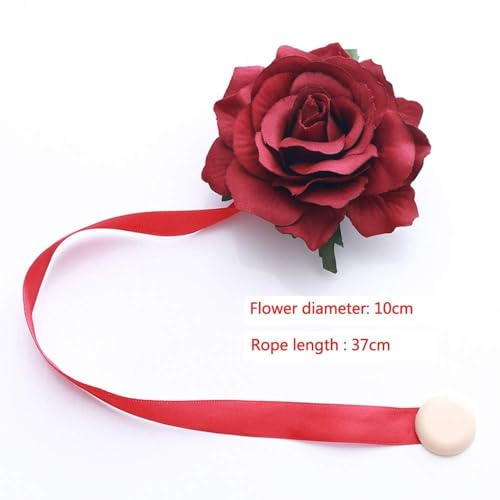 Magnetic Curtain Tiebacks, Rose Flower Tie Backs Rope - color: Burgundy-4 Pack