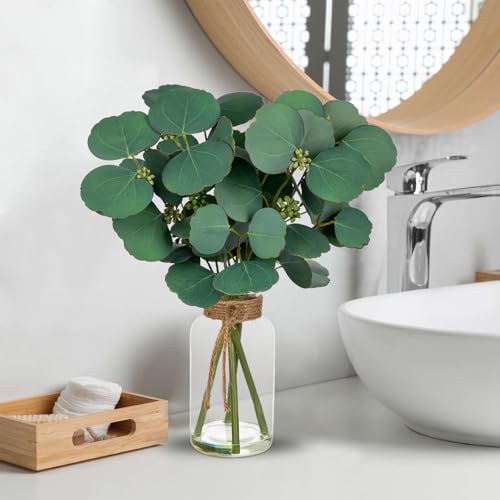Artificial Eucalyptus Stems Fake Plants in Glass Vase with Faux Water - color: Dark Green