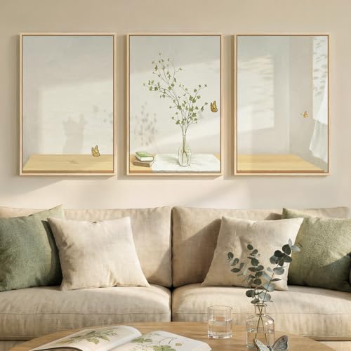 Framed Botanical Neutral 3 Piece Wall Art for Living Room, Minimalist Butterfly Sunshine Canvas Artwork for Walls, Peaceful Sill Life Illustration Print Bedroom Dining Room Office Wall Decor, 16x24 In - color: Soft Beige, size: 16" W x 24" H x 3Pcs