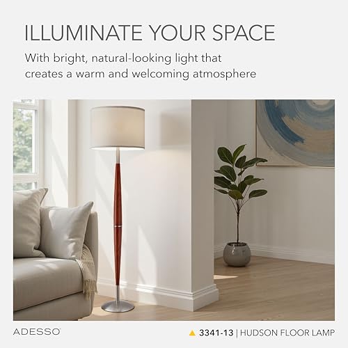 Adesso Floor Lamp, Maple Wood & Satin Steel, Adjustable Brightness, 61”