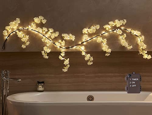 LITBLOOM Cherry Blossom Garland with Lights Battery Operated with Timer 96 Fairy Lights 6FT, Lighted White Flower Garland for Mantle Fireplace Wedding Party Spring Decoration Indoor Outdoor - style: White Cherry