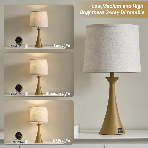 Touch Table Lamps Set of 2, 21" Bedside Lamps with USB C+A - color: Wood Grain