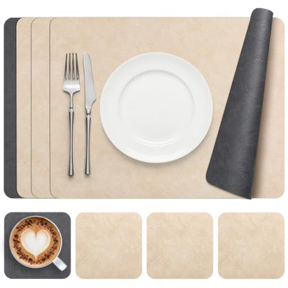 Vinyl Placemats Set of 4, Dual Sided Place Mats with Drink Coasters - color: Beige/Dark Gray Two-tone, size: Set of 4