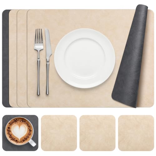 Vinyl Placemats Set of 4, Dual Sided Place Mats with Drink Coasters - color: Beige/Dark Gray Two-tone, size: Set of 4