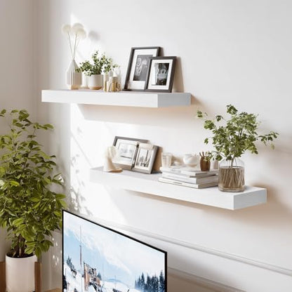 Solid Wood Floating Shelves, 24 Inch Wall Shelves, Set of 2, White - color: White, size: 24x8x1.6