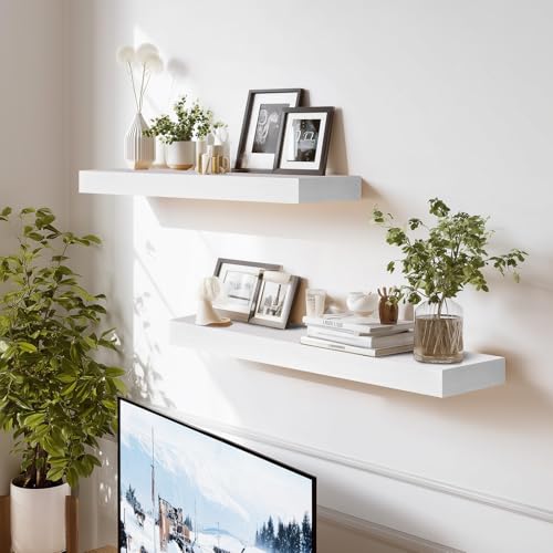 Solid Wood Floating Shelves, 24 Inch Wall Shelves, Set of 2, White - color: White, size: 24x8x1.6