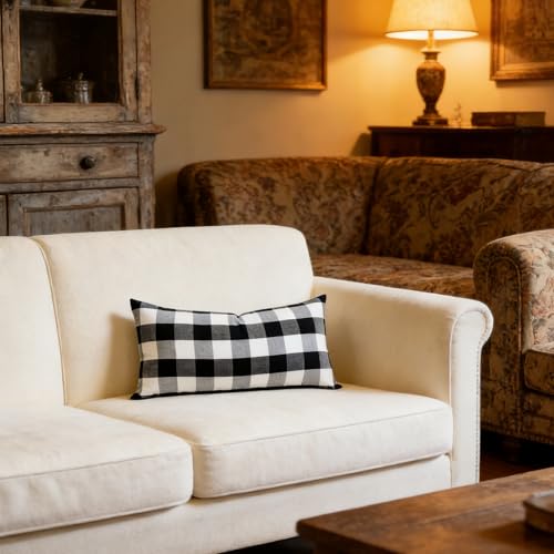 Slow Cow Lumbar Throw Pillow Cover Checker Plaid 12 x 24 Inches Black - color: D-plaid Black, size: 24" x 12" (Pack of 1)