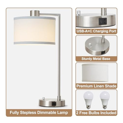 Silver Table Lamp Set of 2, Dimmable Bedside Lamps for Night Stand, USB A+C - color: Silver