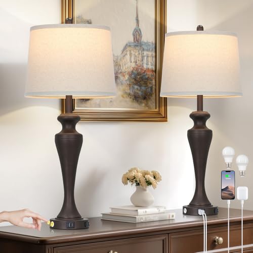30" Brown Table Lamps Set of 2, 3-Way Touch Control Bedside Lamp with USB A+C Ports and AC Outlet, Tall Living Room Lamps for End Table, Elegant Coffee Bedroom Lamp for Night Stand - color: Brown
