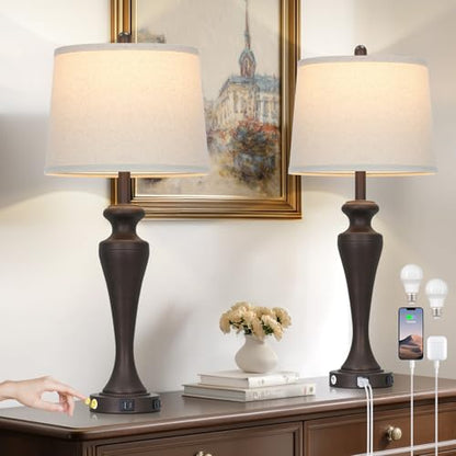 30" Brown Table Lamps Set of 2, 3-Way Touch Control Bedside Lamp with USB A+C Ports and AC Outlet, Tall Living Room Lamps for End Table, Elegant Coffee Bedroom Lamp for Night Stand - color: Brown