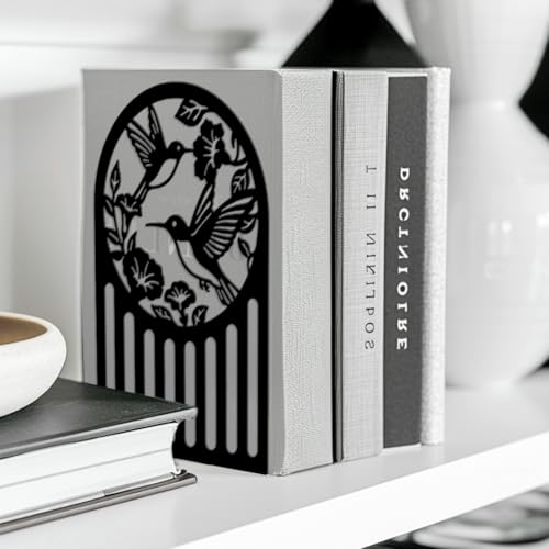 Peacoblue 5.3"x4.3"x7.9" Metal Bookends, Heavy Duty Book Ends for Shelves - style: Hummingbird and Flower