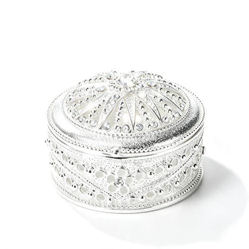 Silver Sunburst Rhinestone Round Jewelry Trinket Box - color: Silver_Round