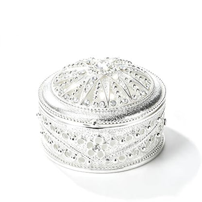 Silver Sunburst Rhinestone Round Jewelry Trinket Box - color: Silver_Round