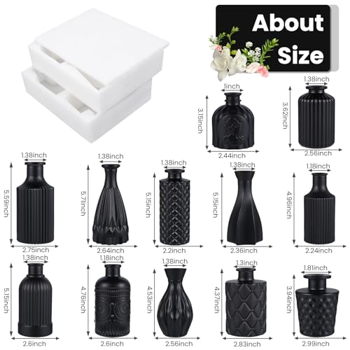 TBWIND 12 Pcs Black Glass Bud Vase Set, Small Vases for Flowers - color: Black-12pcs, size: 12Pcs