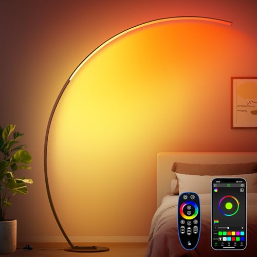 RGB Floor Lamp with 3 Color Temperatures, Ultra Bright 1800LM Smart Arc LED Floor Lamp with Remote Control, Music Sync, Scene Modes, Modern Standing Tall Lamp for Bedroom Living Room Gaming Room-Brown - color: Brown-RGB–67"–350" Ultra-Wide Coverage