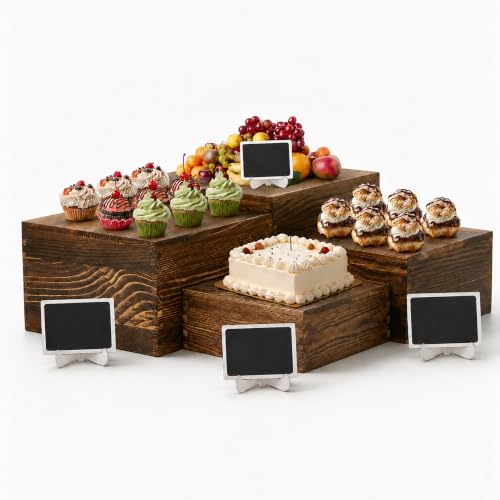 4 Pack Wooden Buffet Risers Cupcake Stand Buffet Display with Mini Signs - color: Brown, size: 4 Pcs