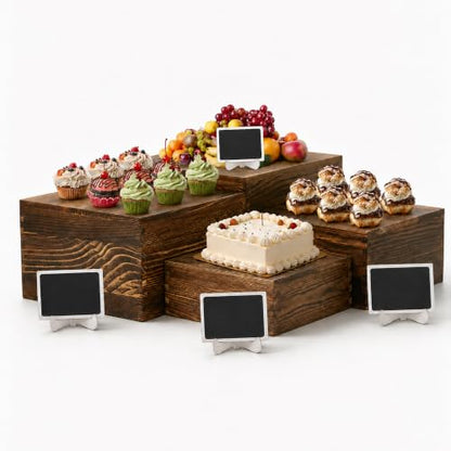 4 Pack Wooden Buffet Risers Cupcake Stand Buffet Display with Mini Signs - color: Brown, size: 4 Pcs