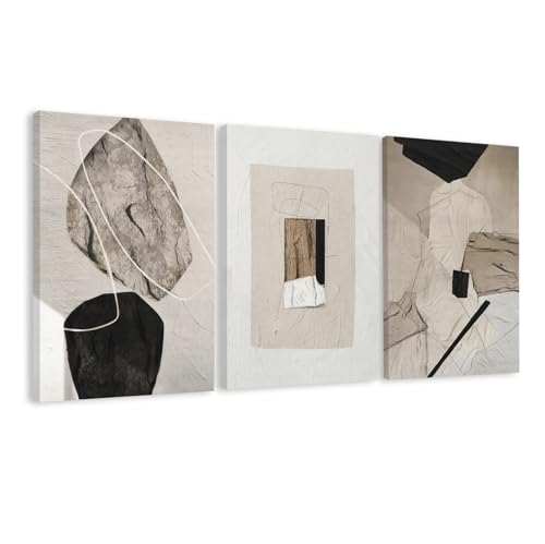 EJPFOGV Triptych Neutral Abstract Wrapped Canvas Wall Art 16x24 inches x3 | Wooden frame, UV-resistant ink, Giclée printing process, Pre-installed hooks make it easy to hang home or office wall decor - color: Between stones, size: 24"L x 16"W