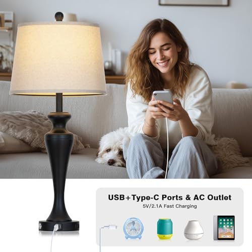 CINSARY 30“ Black Table Lamps for Living Room, 3-Way Dimmable Touch Control Lamp with USB A+C Ports and AC Outlet, Tall Bedside Lamps Set of 2, Metal Bedroom Lamp for Nightstand, 2 Bulbs Included - color: Black (2 Pack)