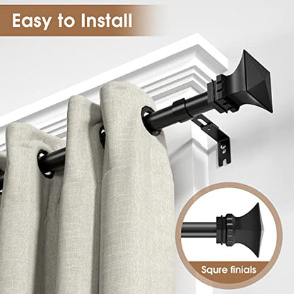 Curtain Rods for Windows 28 to 52 inch with Square Finials, Easy Install Rust Proof Decorative Drapery Rods for Outdoor Patio Bedroom Living Room, 1 inch Diameter, Matte Black - size: 28"-52"