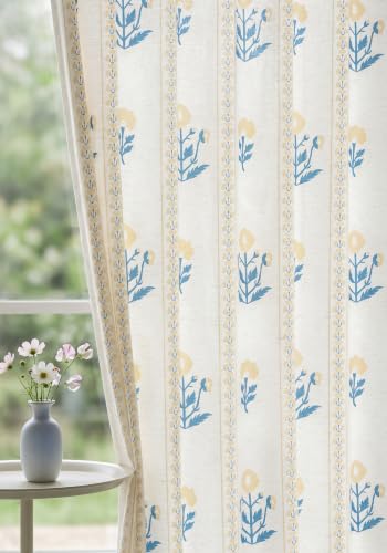 THREE GIRLS Yellow Printed Pinch Pleat Curtains 90 Inch Long, Light Filtering Linen Blend Farmhouse Pleated Drapes, Semi Sheer Curtains for Living Room Bedroom Dining Room, 40W x 90L, Set of 2 - color: Yellow Linen, size: 40"W x 90"L (Pack of 2)