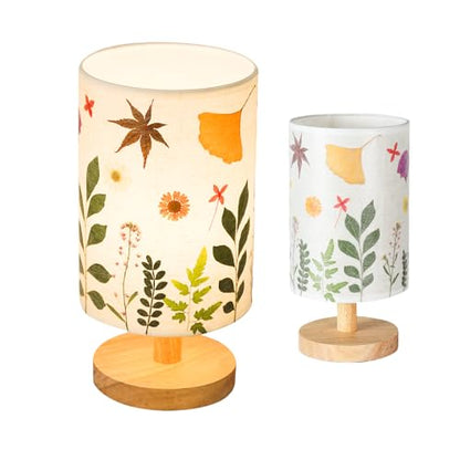 Pressed Flowers Table Lamp 5W LED 3Color Temperatures Dried Flower Bedside Lamp Linen Shade with Wood Base for Bedroom Living Room Desk Office - color: Leaf-3-Color