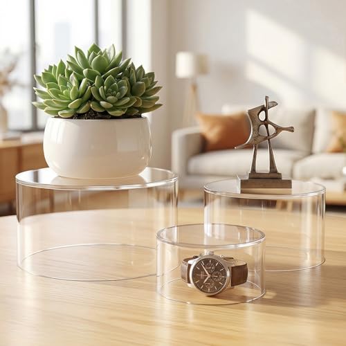 6 Pcs Acrylic Risers Display Stands, 5.9'' 5.1'' 3.5'', Clear Round Nesting Pedestal Shelf with Hollow Bottom for Tabletop Jewelry Display, 3 Sized