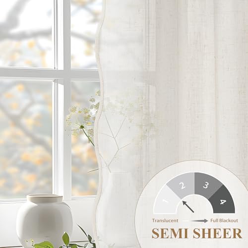 DriftAway Semi Sheer Scalloped Edge Linen Coastal Beach Window Curtains for Living Room Bedroom 2 Panels Rod Pocket Each Size 52 Inch by 63 Inch Taupe - color: Linen Taupe, size: 52"W x 63"L (Pack of 2)