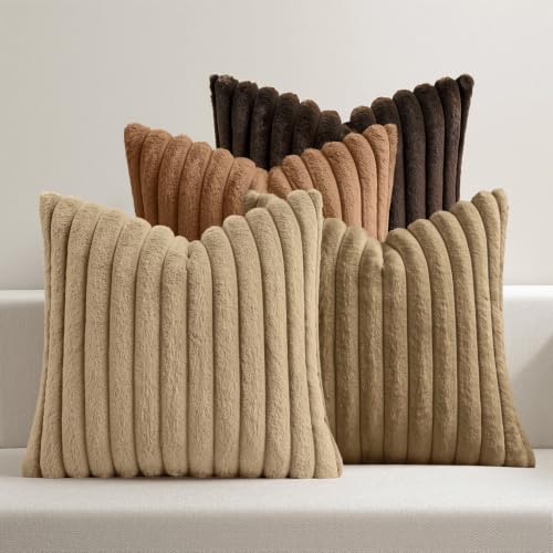 MIULEE Fall Faux Fur Plush Decorative Throw Pillow Covers 18x18, Dark Brown - color: Dark Brown, size: 18" x 18" (Pack of 4)