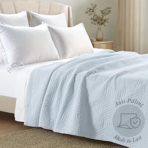 Threadmill Luxury Cotton Blankets for King Size Bed | All-Season Cozy 100% Cotton King Size Blanket | Aster Jacquard Soft & Lightweight Coverlet | Light Blue - color: Aster Light Blue, size: King / Cal King