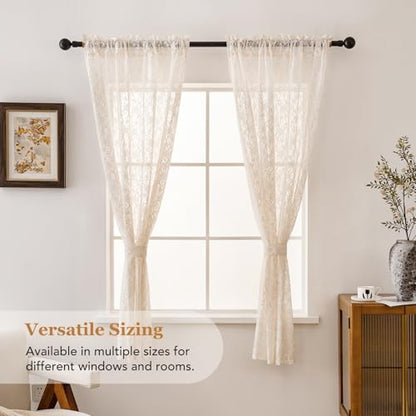 PearAge Lace Sheer Curtains for Living Room, 63 Inch Length, Elegant Lace-Style Voile Drapes for Bedroom, Kitchen or Dining Room, 42W x 63L Inch, 2 Panels Beige - color: Beige