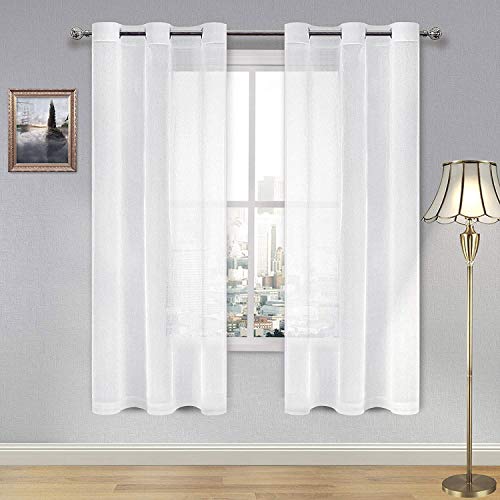 DWCN White Sheer Curtains for Living Room Bedroom - Faux Linen Look Voile Drapes Grommet Top Window Curtain Panel 46 x 63 Inch Length, Set of 2 Panels - color: White, size: 46"W x 63"L (Pack of 2)