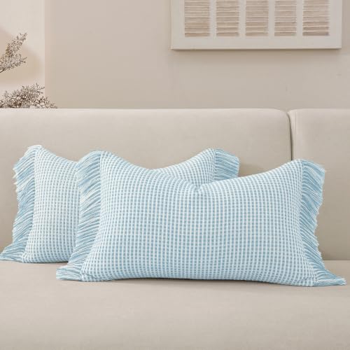 Boho Throw Pillow Covers Set of 2 Handmade Soft Striped Fringe Pillow Cover Farmhouse Cushion Covers with Elegant Tassel Decorative Pillowcase for Sofa Bed (Pale Blue, 20" x 12" (Pack of 2)) - color: Pale Blue, size: 20" x 12" (Pack of 2)
