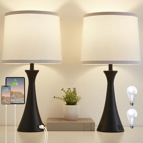 Touch Table Lamps Set of 2, 21" Bedside Lamps with USB C+A - color: Black & White Shade